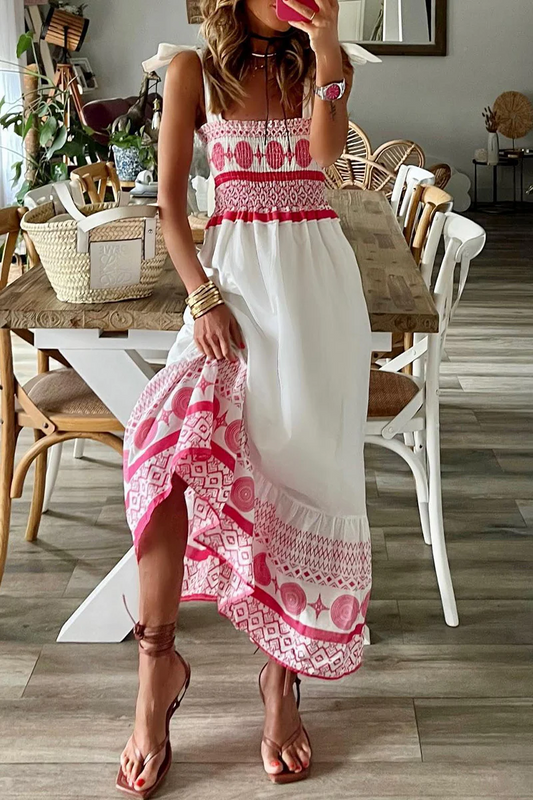 Raquel - Vestido Casual Dulce con Estampado, Frenillo, Escote Cuadrado, y Tirantes
